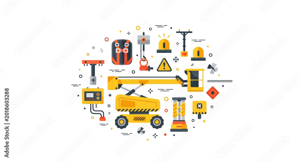 Fototapeta premium Flat Vector Illustration of Aerial Work Platform Boom Lift with Construction Safety Equipment Icons and Symbols