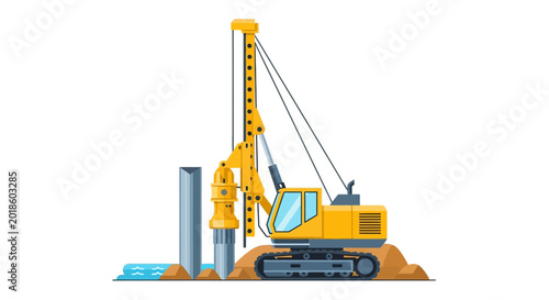 Industrial Yellow Drilling Rig and Piling Machine Illustration for Civil Engineering and Construction Foundation Work, Flat Vector Design Isolated on White Background
