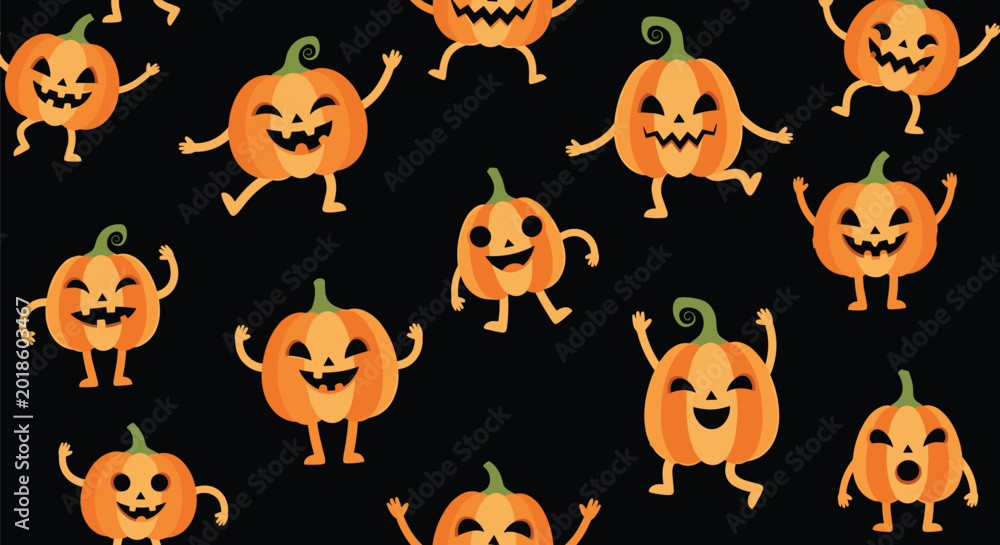Fototapeta premium Fun seamless pattern of happy cartoon pumpkin characters with faces and legs dancing on a black background for Halloween.