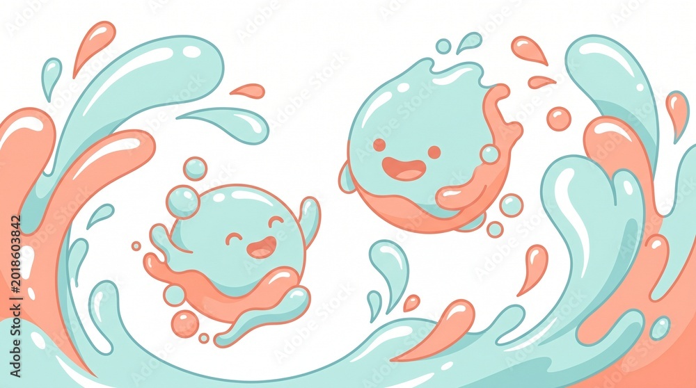 Obraz premium Two cartoon jellyfish swim playfully in ocean waves with water splashes.