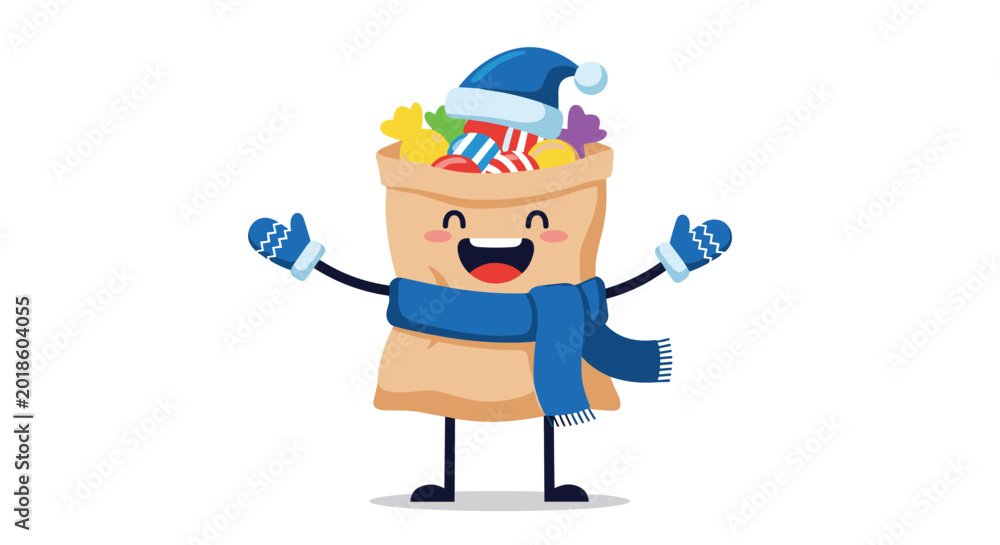 Fototapeta premium Happy brown bag filled with colorful candies wearing a blue winter hat and scarf with open arms in celebration.