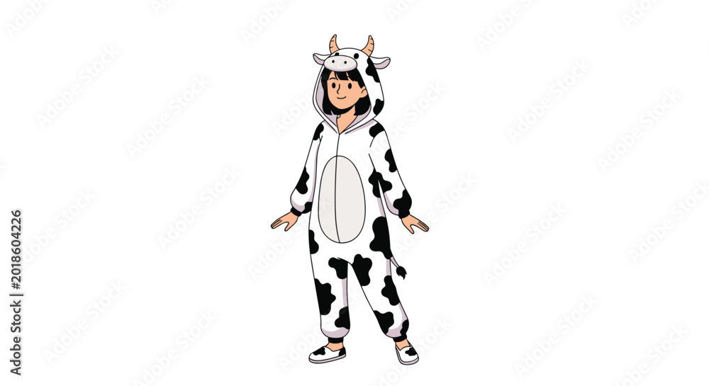 Obraz premium Young girl wearing a black and white spotted cow onesie costume is standing and smiling on a white background.