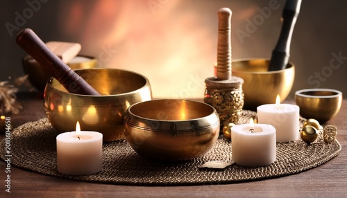 serene and healing atmosphere with singing bowls golden bells and candles concept of relax sound therapy and spiritual healing