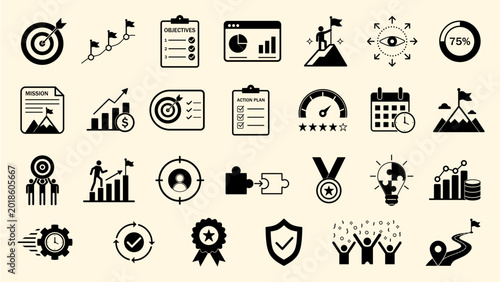Set of business and productivity icons featuring goals, targets, strategy, analytics, planning, achievement, and performance symbols in clean black vector style.