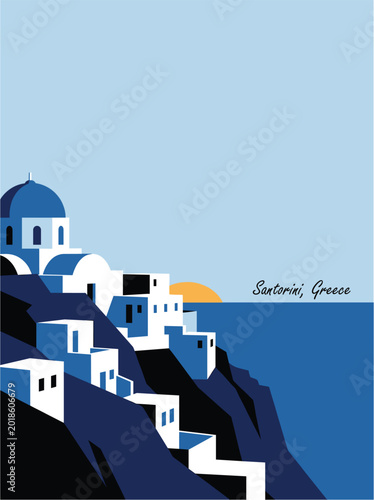 Fotografie Santorini Greece Cliffside White Village and Blue Dome Scene