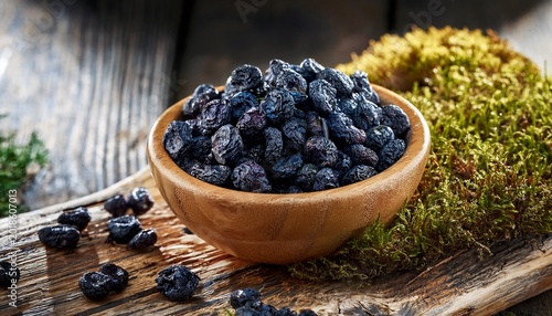dried blueberries fruit in wooden bowl on old rustic board with lichen