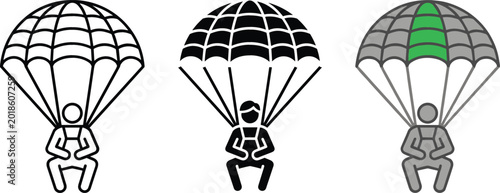 Bild auf Leinwand Skydiving and Paragliding Icon Set Featuring Parachutist Figures in Outline, Sol