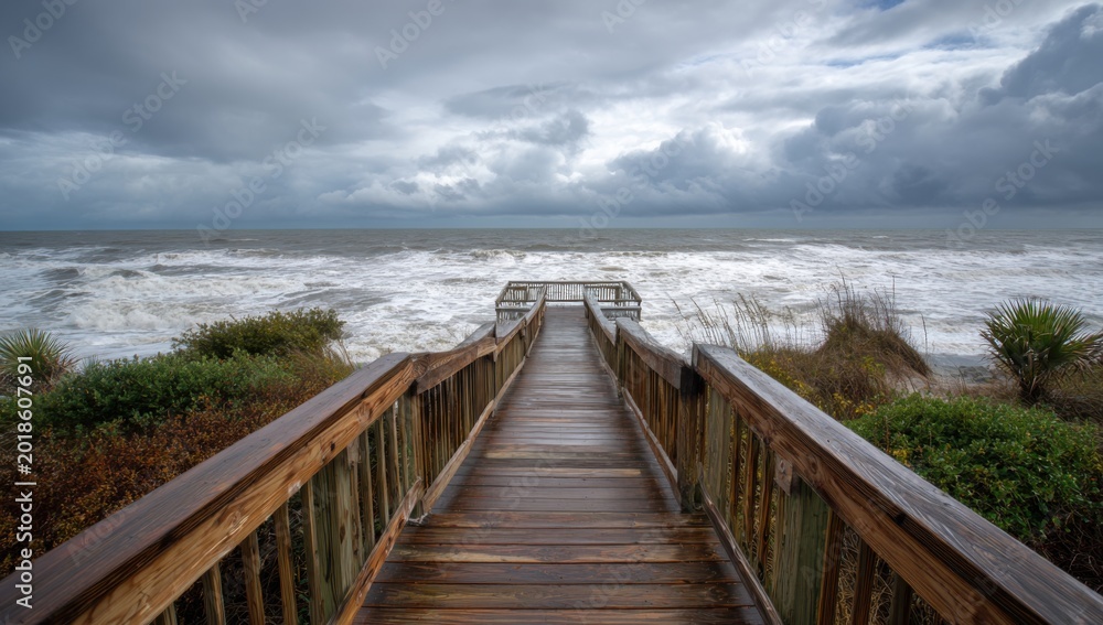 Obraz premium Wooden Boardwalk Leads to Stormy Ocean Under Dramatic Clouds.