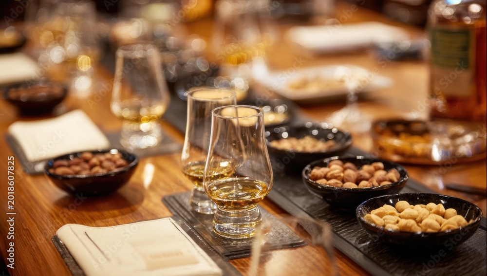 Fototapeta premium Whiskey Tasting Event with Snacks and Glasses on Table.