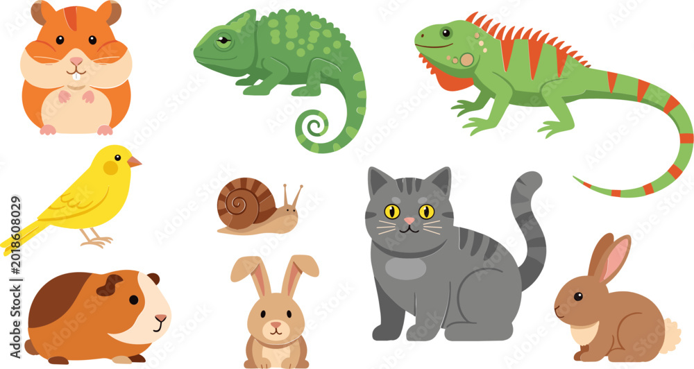 Obraz premium Cute Animal Collection with Guinea Pig, Chameleon, Cat, Bird, Snail, and Rabbit for Pet, Wildlife, and Cartoon Illustrations