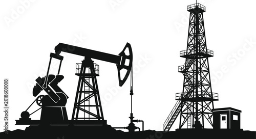 Tableau sur toile Oil Rig and Pumpjack Silhouette Illustration for Petroleum Industry and Energy G