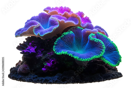 Photorealistic live tropical reef Mushroom Coral- fluorscent purple, electric blue, neon green with glowing neon colors.
