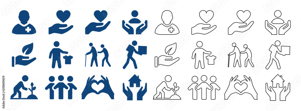 Obraz premium Charity icons set, 24 volunteering symbols, blue donation line icons