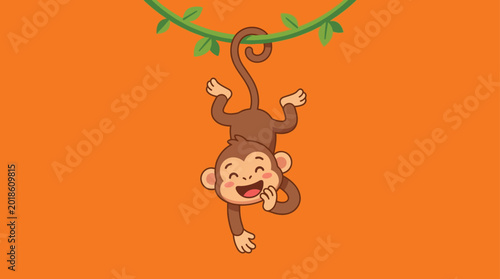 Photography Happy Cartoon Monkey Hanging from Jungle Vine Flat Illustration