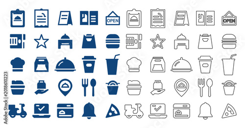 Tableau sur toile Food delivery and restaurant outline and solid icon set for online ordering service