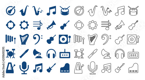 Photography Collection of diverse musical instrument and symbol icons, presented in both sol