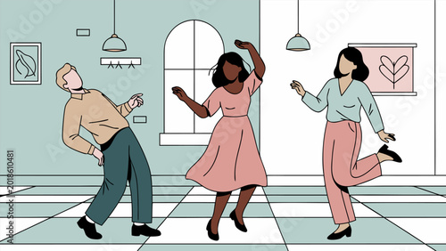 Tableau sur toile Three people enthusiastically dancing and enjoying themselves in a brightly lit