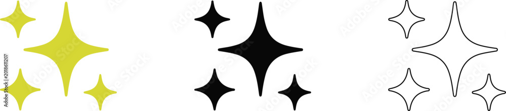 Fototapeta premium Sparkle Stars Icon Set with 3 Icon Concepts Colour Icon, Solid Icon, and Line Art Transparent PNG for Magic Beauty and Decorative Design Projects