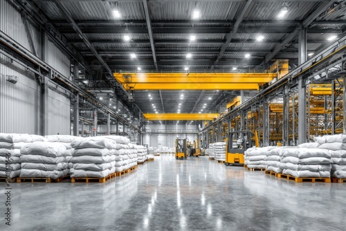 Modern Warehouse Interior with Forklifts and Palletized Goods.
