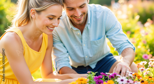 Happy couple admiring flowers in a sunny garden. Smiling man and woman enjoying nature on a summer day