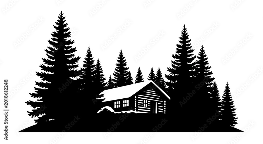 Obraz premium Rustic log cabin nestled in a dense pine forest silhouette