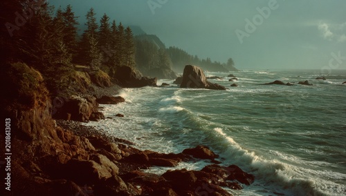 Dramatic Pacific Northwest Coastline with Crashing Waves and Pine Forest.