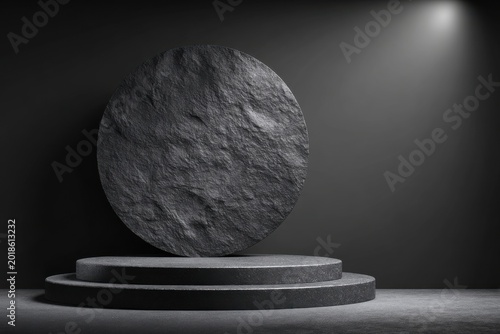 Minimalist Dark Stage with Textured Circular Element and Spotlight.
