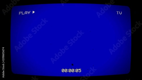 Vintage crt tv blue screen overlay with play text and timecode. Perfect for adding an authentic 80s or 90s nostalgic vibe to your video projects. 4K video