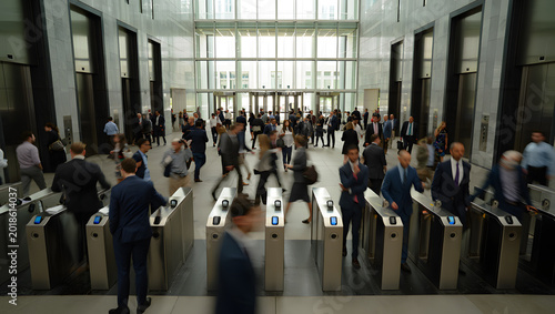 Busy office building lobby with people walking through turnstiles and elevators