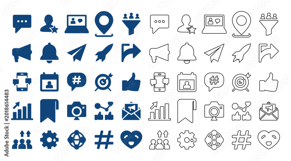 Fototapeta premium Collection of modern social media and business icons representing communication, marketing, and growth.