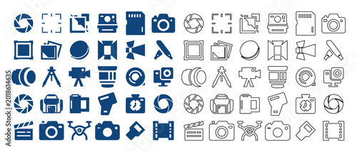 Schilderij op canvas Collection of photography and videography icons in blue and outline styles