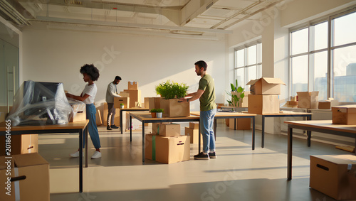 People moving office supplies and boxes in a large room with windows