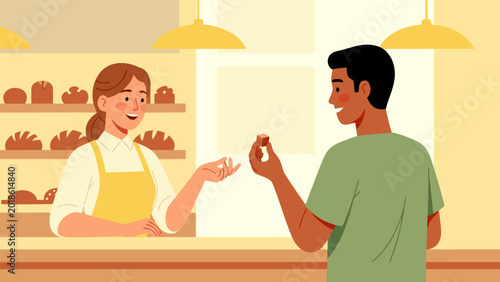 Fotografie Happy baker offering a sample of baked goods to a delighted customer in a bakery