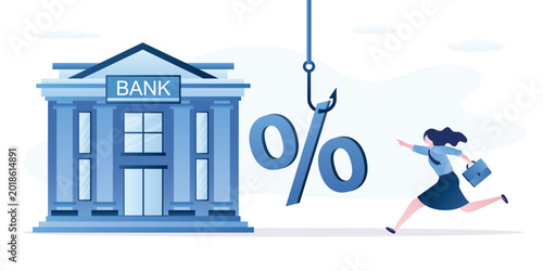 Photos Businesswoman borrower runs toward bank where large percentage sign is caught on fishing hook