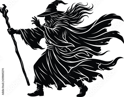 Foto Fantasy Wizard Silhouette with Pointed Hat, Flowing Robes, and Magic Staff in Dy