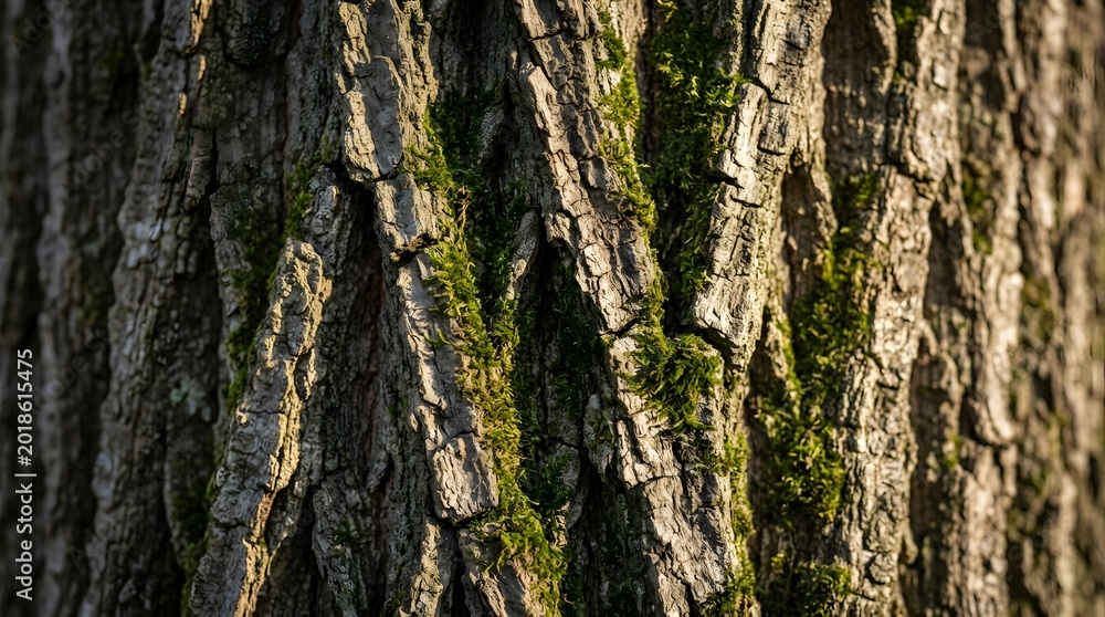 Obraz premium Close-up of Tree Bark with Moss in Natural Sunlight