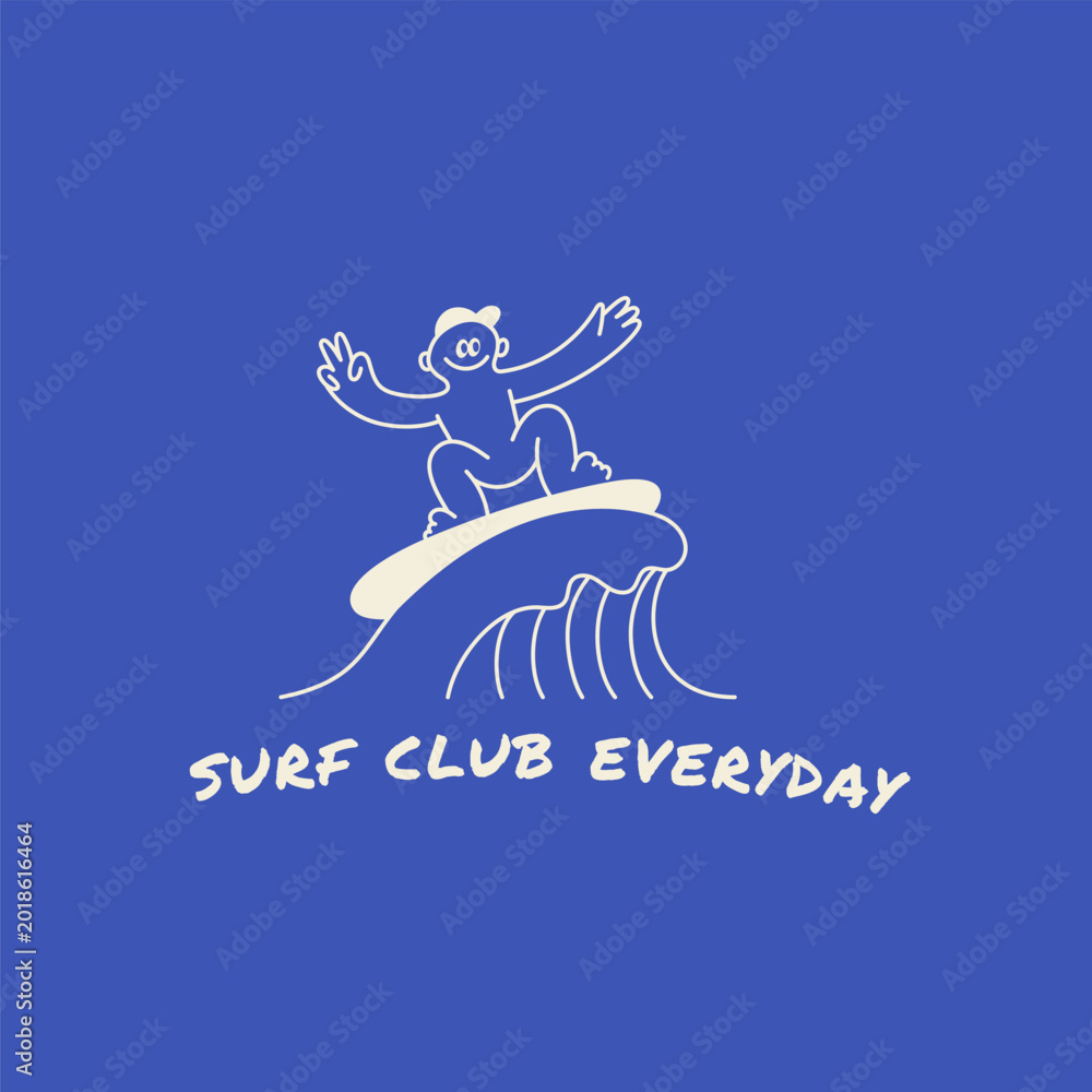 Fototapeta premium Vector hand drawn doodle cartoon illustration, surfer mascot character, sporty surfing figure riding a wave, playful creative modern sketch design for branding, advertising