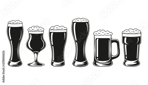 Photos Six black-and-white stylized illustrations of beer glasses, each filled with dar