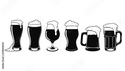 Photos Six stylized black-and-white beer glasses and mugs, each filled with beer and topped with foamy heads; the shapes vary (pint, tulip, large handled mugs) and some foam spills or drips over the rims