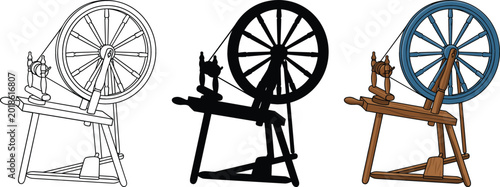 Foto Professional Traditional Wooden Spinning Wheel Icon Set for Textile Industry, Ha