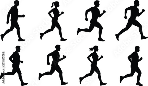 Foto Running Silhouette Icon Set Featuring Male and Female Runners in Various Poses f