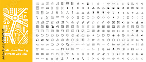 Photos CAD Urban Planning Symbols and Map Navigation Vector Icon Set for Architectural