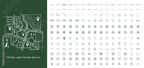Foto CAD Map Legend Symbols and Topographic Navigation Vector Icon Set for Urban Plan