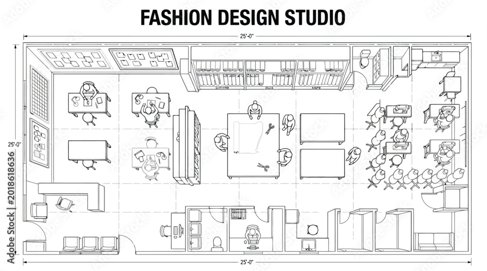 Obraz premium Fashion Design Studio Floor Plan Architectural Blueprint Vector for Interior Design, Apparel Manufacturing & Workspace Planning (EPS)