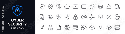 Cyber security line icons set featuring minimal vector symbols, modern outline style, and clean design. Perfect for apps, UI design, web security projects, tech interfaces, and digital branding.	

