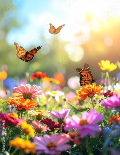 Colorful Monarch Butterflies Amidst Vibrant Flower Garden Scene