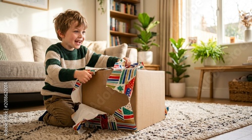 Happy boy opening a birthday gift box on the floor in a bright living room