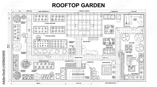 Rooftop Garden Architectural Blueprint Plan Vector for Urban Landscaping, Sustainable Building Design & Environmental Architecture Projects (EPS)