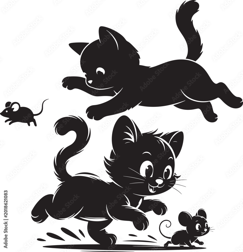 Naklejka premium A black cat chasing a mouse, depicted as a dynamic illustration in a bold silhouette style.