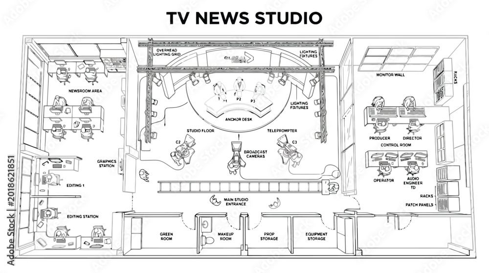 Obraz premium TV News Studio Floor Plan Layout Vector Illustration for Broadcasting Architecture, Media Production Planning & Television Interior Design (EPS)